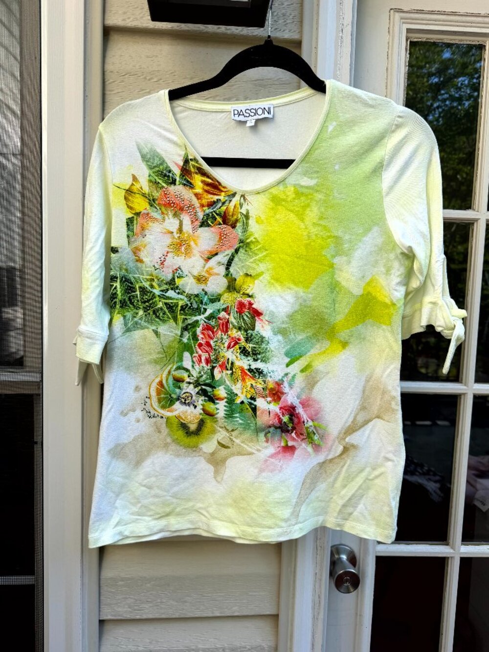 Passioni Floral Print Embellished Top Green White Tie Sleeve Rhinestone Shirt, S